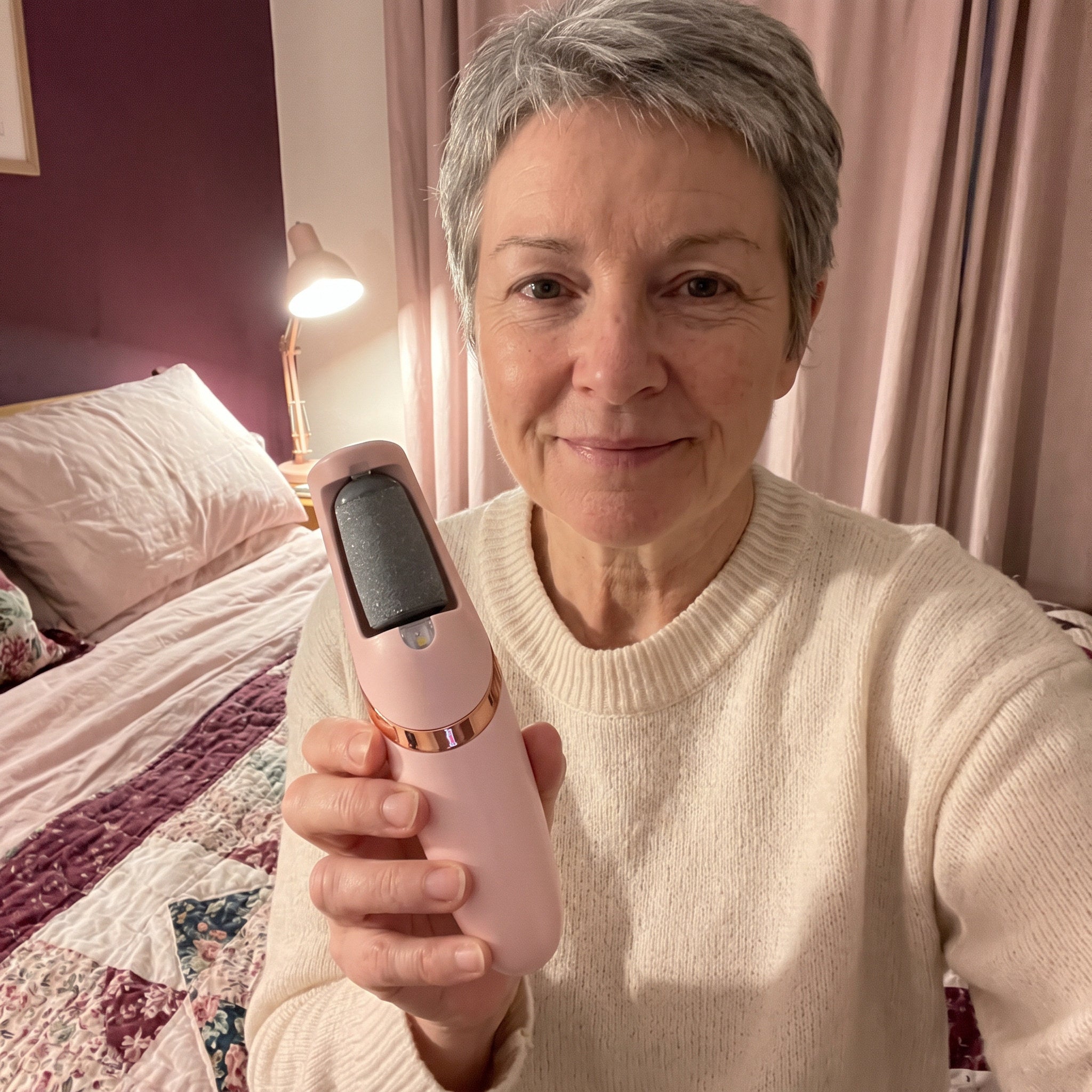 Older Woman Holding Bare Sunday Beside A Lamp