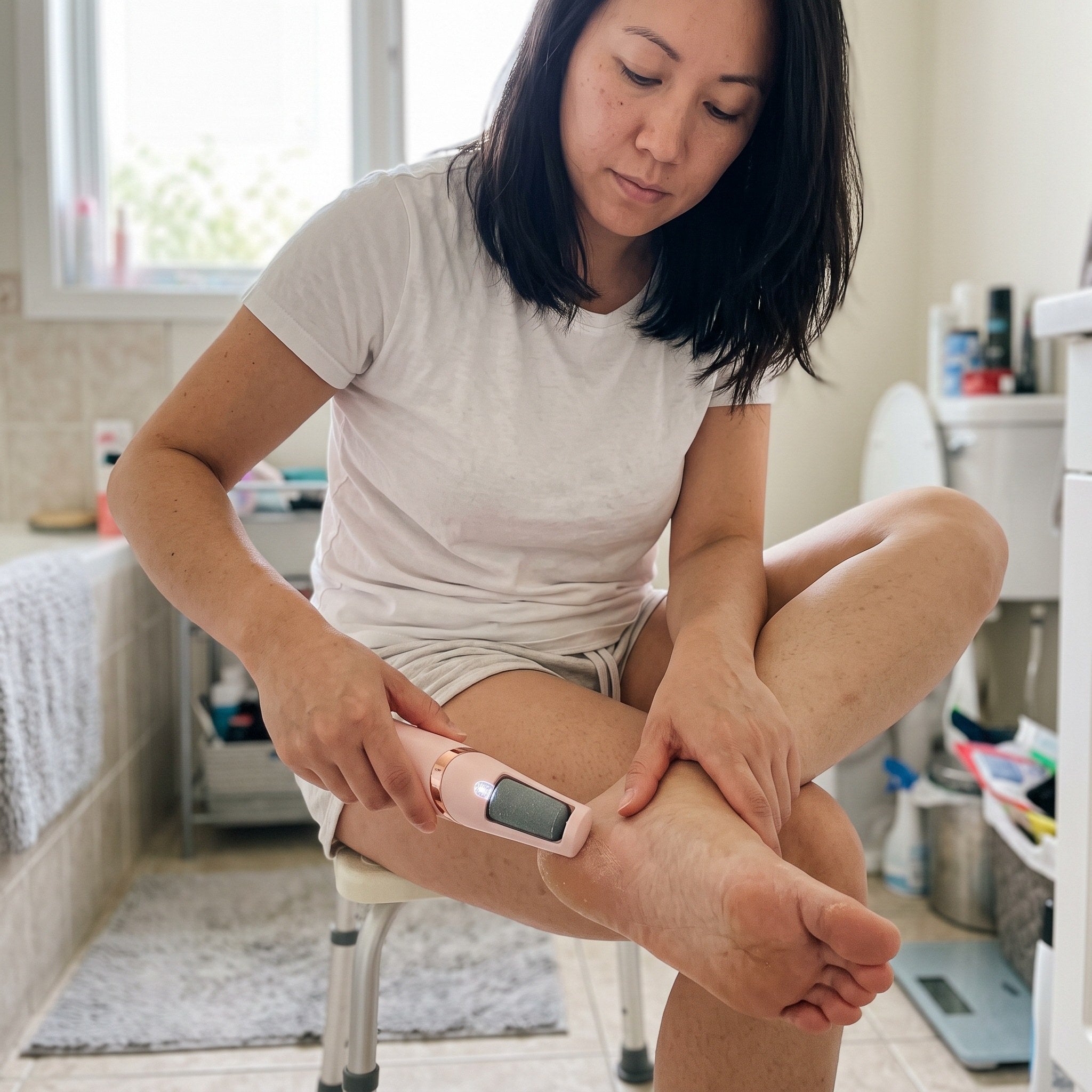 Emma R. using the foot file seated in her bathroom